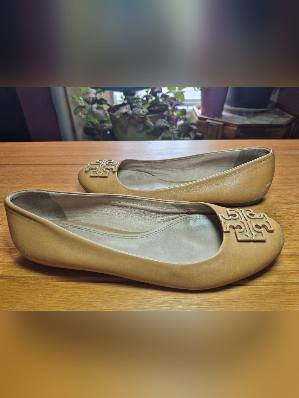 Tory Burch Leather Ballet Flats with Decorative Emblem - Size 8